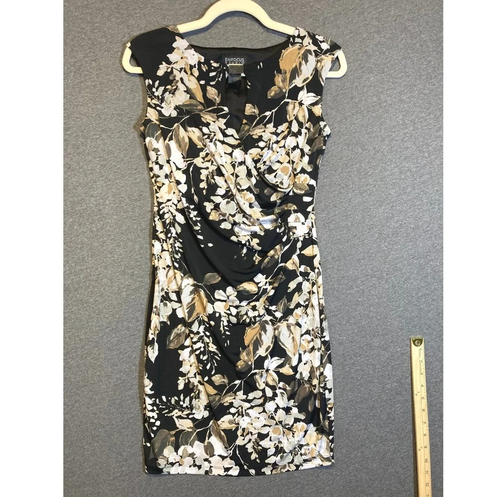 Enfocus Studio Womens Size 4 Floral‎ Ruched Sheath Dress Black Tan Sleeveless